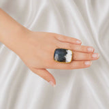 Dendritic Peak Cushion Ring –  Gold Plated Statement Cocktail Ring with Organic Scenic Moss Agate