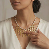 Ivory Charm Collar Handmade Brass Necklace – Gold Plated Milky White Gemstone Fringe Necklace