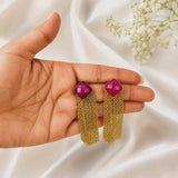 The Ruby Rose Cascade Drops –  Gold Plated Cushion Ruby & Chain Fringe Earrings