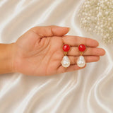 The Scarlet Baroque Pearl Drops – Gold Plated Red Cabochon Statement Earrings