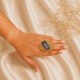 Cobalt Matrix Monolith Ring – Gold Plated Sodalite Blue Gemstone Filigree Cocktail Ring