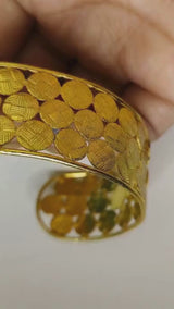 Bangbang Handmade Brass Cuff Bracelet – Gold Plated Cross-Hatch Textured Coin Statement Bangle