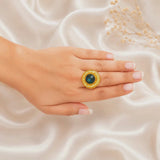 Aura Eclipse Blue Stone Ring – Textured Gold Plated Light Blue Calsi Ring