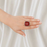 Imperial Ruby Halo Statement Ring – Gold Plated Cushion Cocktail Ring