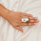 Dendritic Desert Oval Cocktail Ring – Gold Plated Scenic Agate Statement Ring