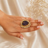 Nizam Imperial Raw Stone Ring –  Gold Plated Amethyst Purple Rough Gemstone Ring with Pearl Halo