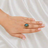 Cosmic Aura Split-Shank Signet – Gold Plated Statement Ring with Faceted Oval Labradorite
