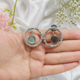 Crystal Halo Drops Earring – Black Oxidized Textured Hoop with Mint Green Crystal