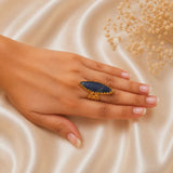 Gothic Eclipse Navette Ring – Gold Plated Sodalite Statement Cocktail Ring